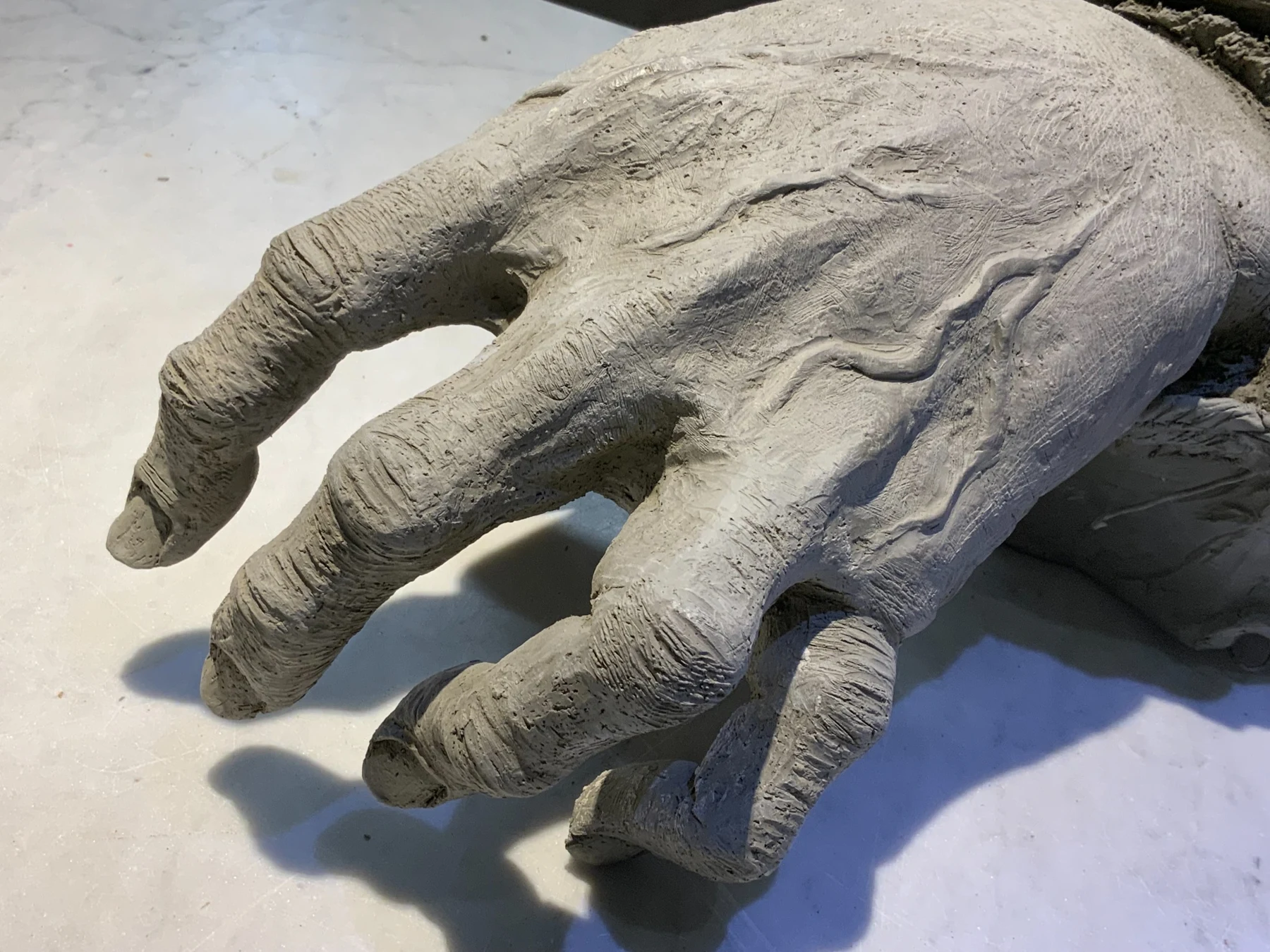 Primo piano della mano modellata, con vene e segni della lavorazione